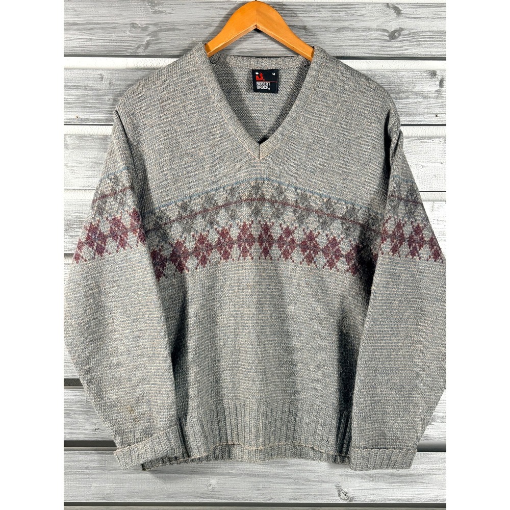 Vintage 80s Robert Bruce Mens Grey Argyle Fair Isle V-Neck Knit Sweater M